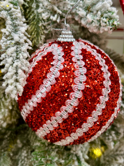 4 Inch Red And White Ball Ornament