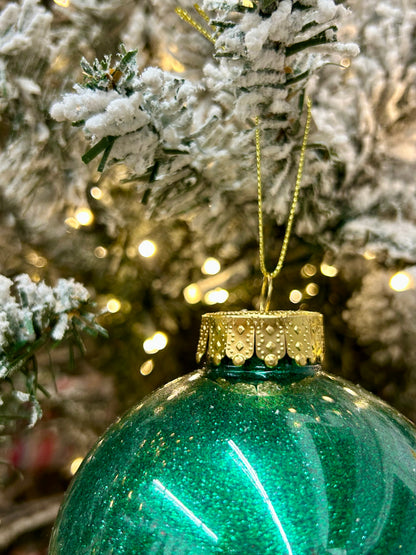 4 Inch Emerald Green Lacquer Look Glitter Ball Ornament