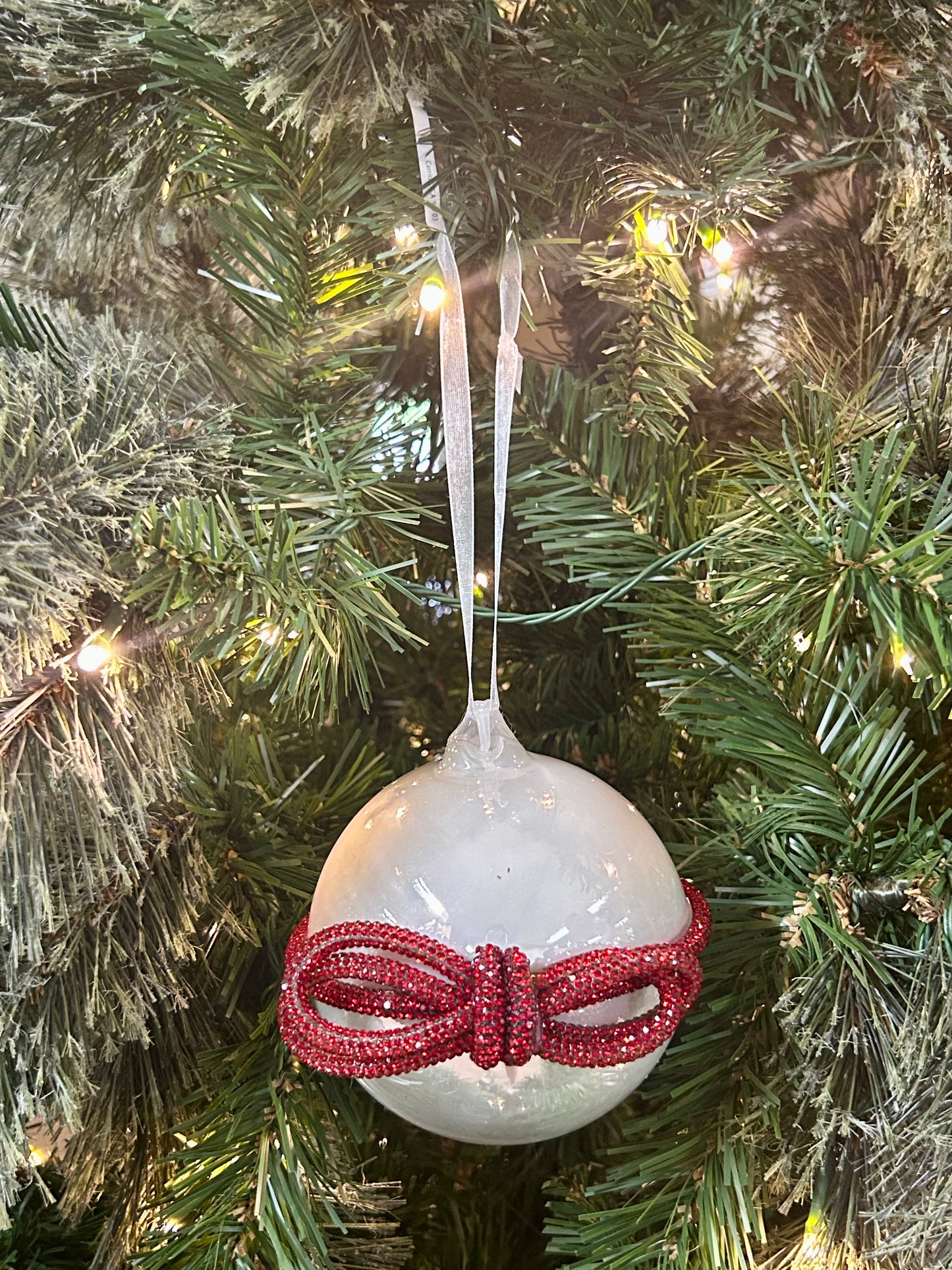 4 Inch Pearl White Glass Ball Ornament With Red Diamond Bow