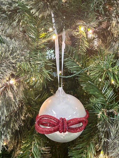 4 Inch Pearl White Glass Ball Ornament With Red Diamond Bow