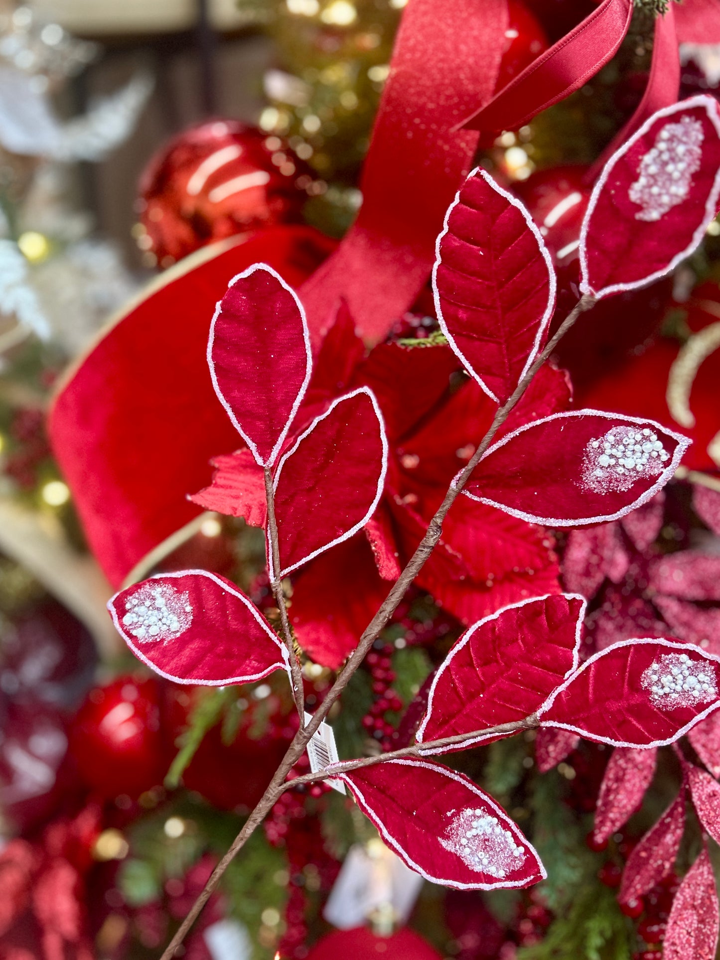 27 Inch Red Pearl Velvet And Glitter Magnolia Leaf Spray