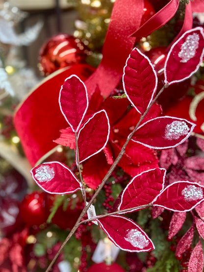 27 Inch Red Pearl Velvet And Glitter Magnolia Leaf Spray