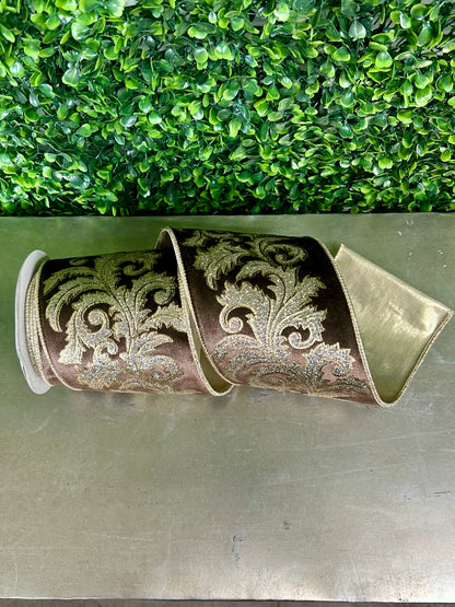4 Inch By 5 Yard Brown And Champagne Shimmer Velvet Filagree Scroll Leaf Wired Ribbon