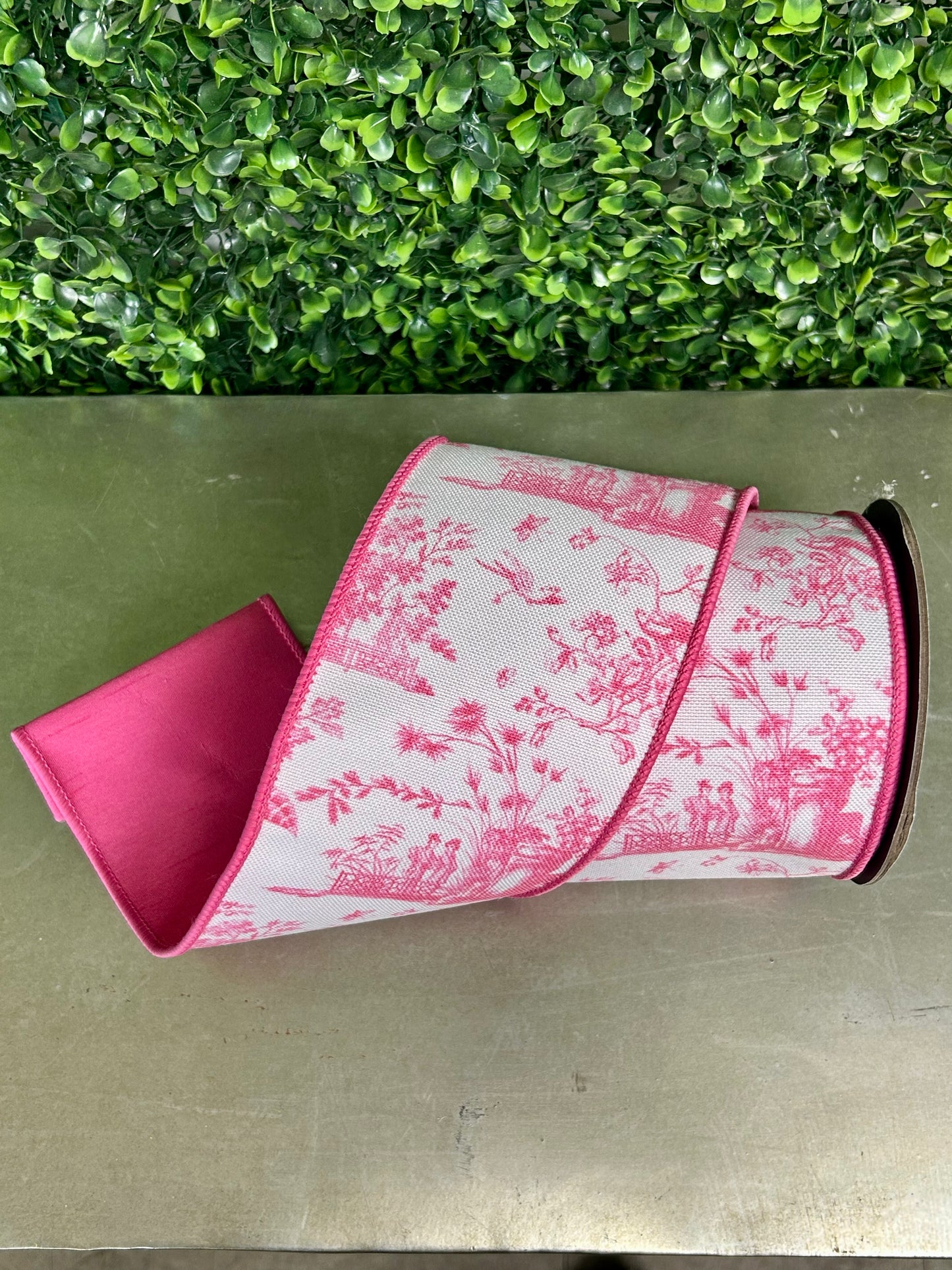 4 Inch By 5 Yard Pink And White Asian Vista Chinoiserie Wired Ribbon
