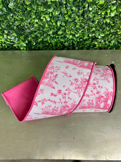4 Inch By 5 Yard Pink And White Asian Vista Chinoiserie Wired Ribbon