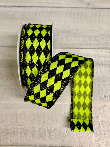 1.5 Inch By 10 Yard Fresh Green And Black Glitter Harlequin Ribbon