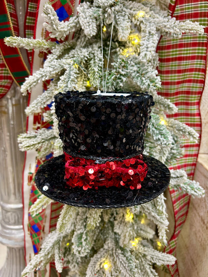 6.75 Inch Black And Red Sequin Velvet Top Hat Ornament