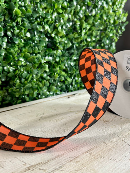 1.5 Inch By 10 Yard Dark Orange And Black Glitter Check Ribbon