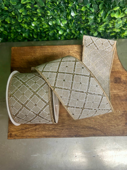2.5 Inch By 10 Yard Champagne And Gold Glitter Diagonal Plaid With Natural Edge Ribbon