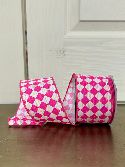 2.5 Inch By 10 Yard Hot Pink And White Antique Diamond Ribbon
