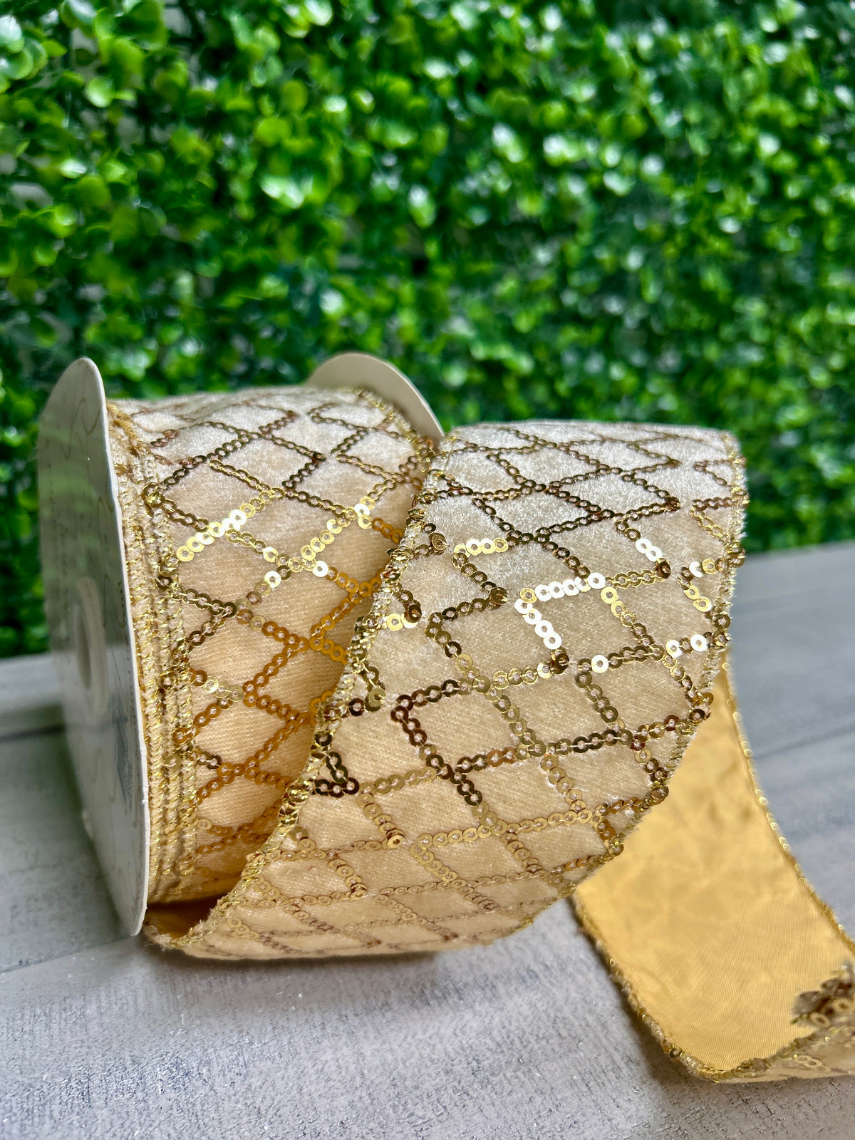 David Christopher's 2.5 Inch By 10 Yard Gold Velvet Ribbon With Stitched Sequin Diamond Design Ribbon