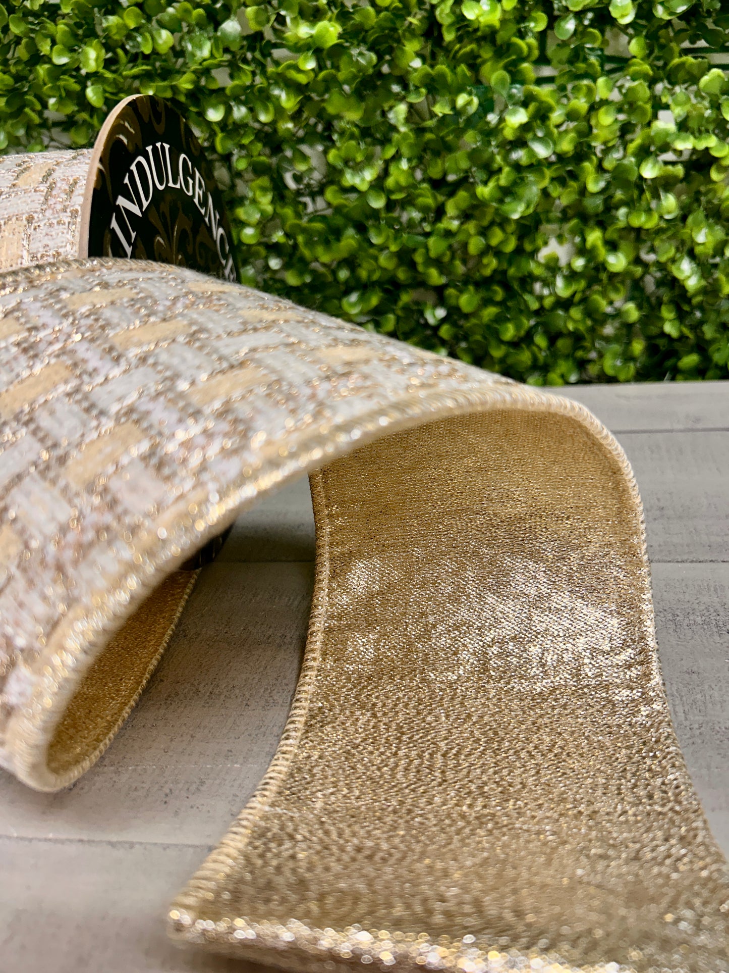 4 Inch By 5 Yard Champagne And Gold Metallic Backing Tweed Ribbon