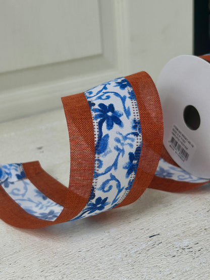 2.5 Inch By 10 Yard Rust Burlap Background With Blue Watercolor Flowers Middle Ribbon