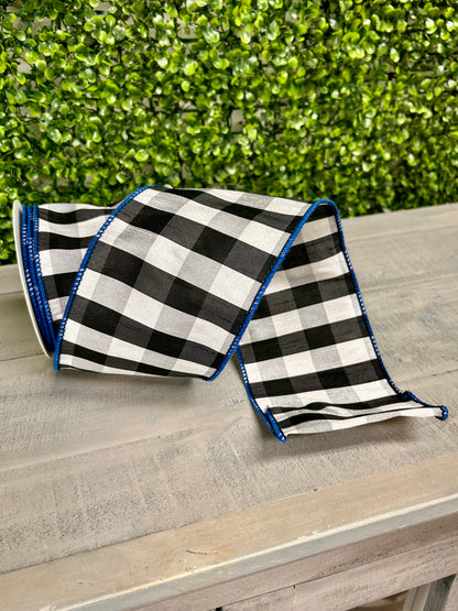 4 Inch By 10 Yards Black And Grey Grand Gingham Check With Royal Blue Edge Ribbon