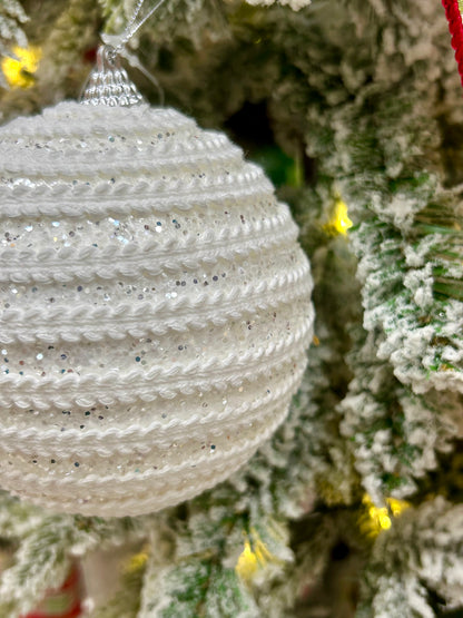 4 Inch White With Silver Glitter Ball Ornament
