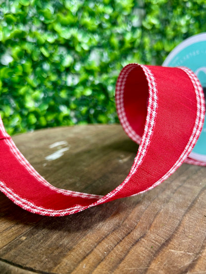 1.5 Inch By 10 Yard Red And White Faux Dupioni Mini Gingham Edge Ribbon