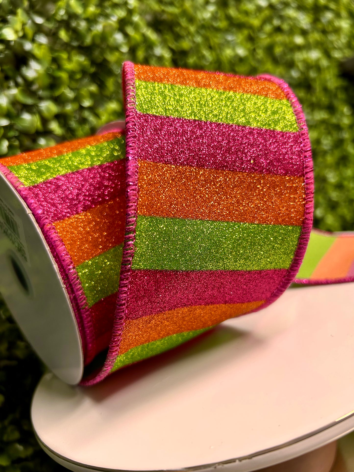 2.5 Inch By 10 Yard Hot Pink Orange And Lime Horizontal Glitter Stripes Ribbon