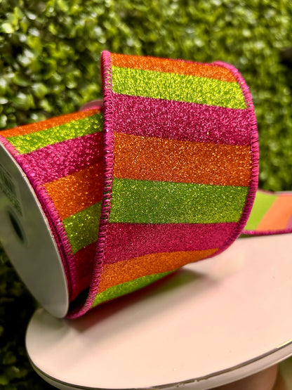 2.5 Inch By 10 Yard Hot Pink Orange And Lime Horizontal Glitter Stripes Ribbon