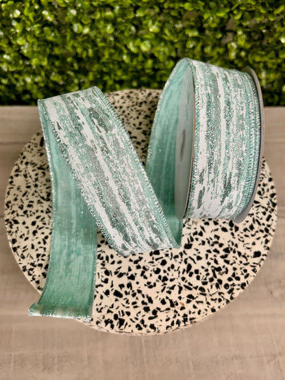 1.5 Inch By 10 Yard Ice Blue White And Silver Glitter Metallic Streaks Ribbon