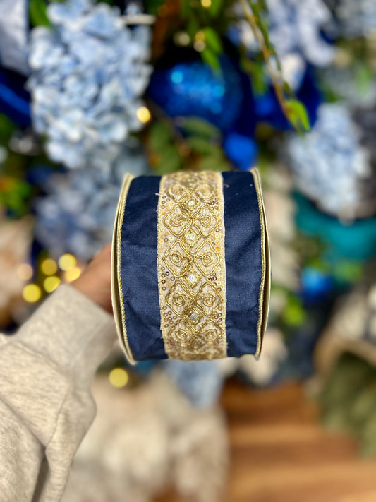 David Christopher's 4 Inch By 10 Yard Soft Blue Embossed Trim With Gold Black Ribbon