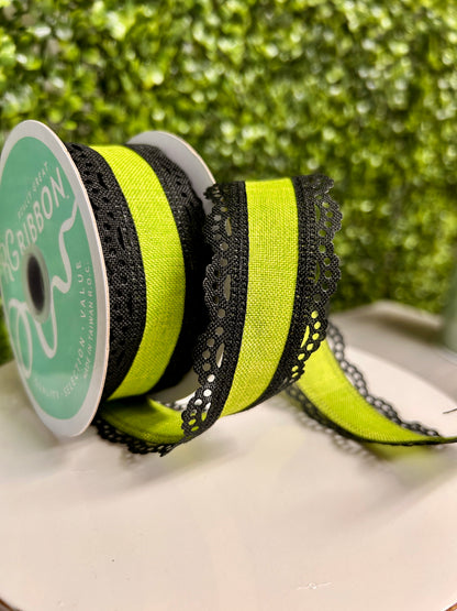 1.5 Inch By 10 Yard Black And Lime Lace Edge Royal Burlap Ribbon