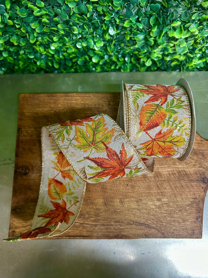 2.5 Inch By 10 Yard Glitter Fall Leaf Ribbon