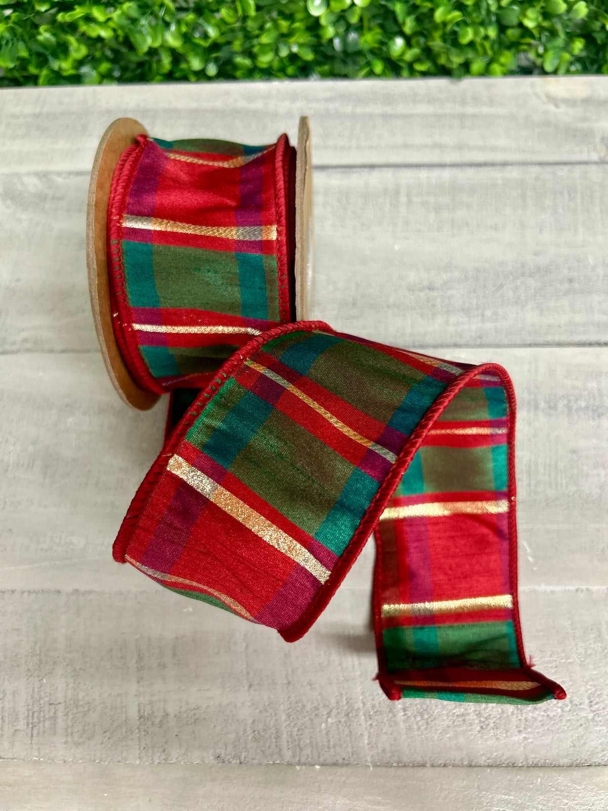 2.5 Inch By 10 Yard Red Green Gold Plaid Check Ribbon