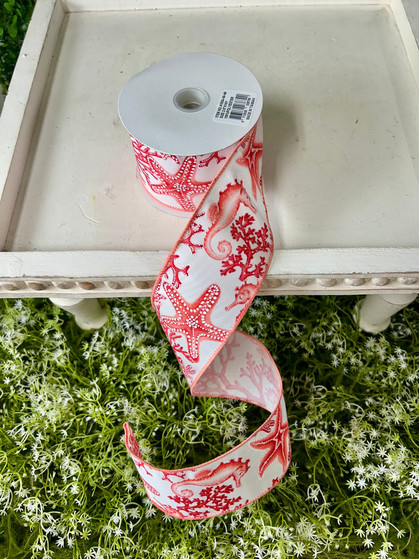 2.5 Inch By 10 Yard Coral Seahorse And Starfish Ribbon