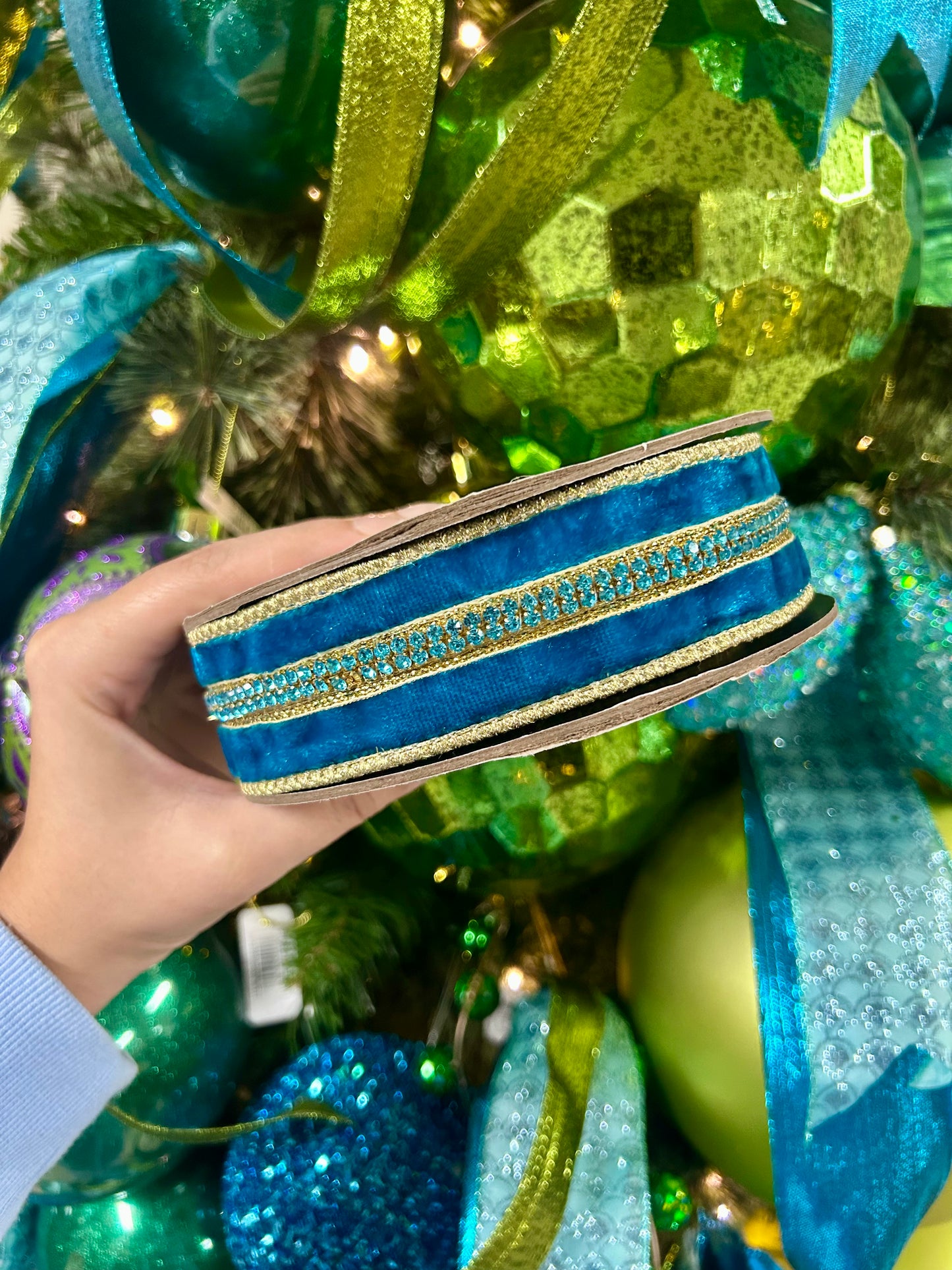 1.5 Inch By 5 Yards Teal And Gold Velvet With Jewel Center Ribbon