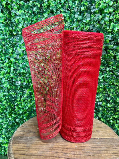10.5 Inch By 10 Yard Red Faux Jute Border Stripe Mesh