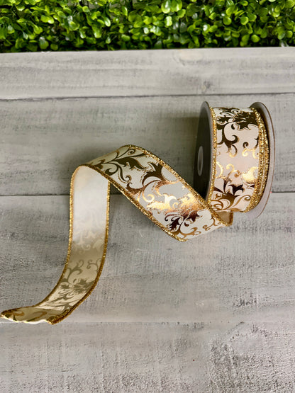 1.5 Inch By 10 Yard Gold And White Metallic Foil Swirl Leaf Ribbon