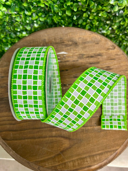 1.5 Inch By 10 Yard Green And White Small Check Ribbon