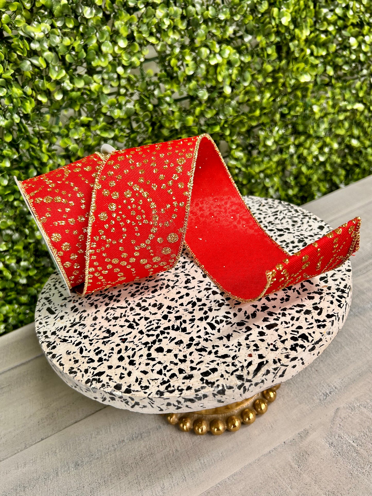 2.5 Inch By 10 Yards Red And Gold Mini Glitter Dots Ribbon