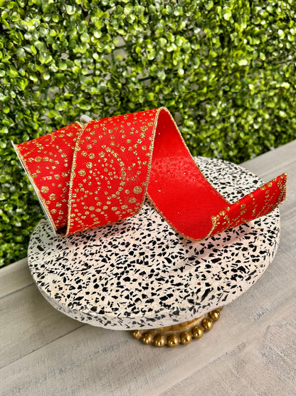 2.5 Inch By 10 Yards Red And Gold Mini Glitter Dots Ribbon