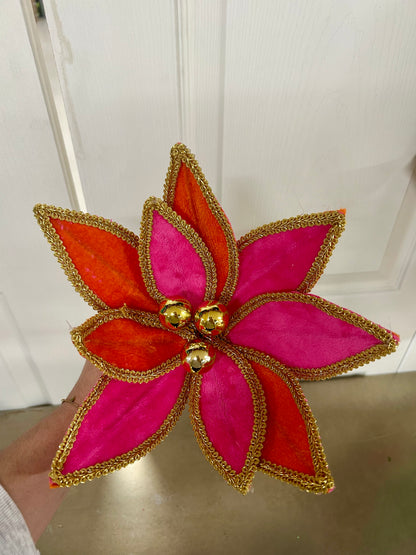 14 Inch Hot Pink Orange And Gold Velvet Poinsettia Pick With Lace Edge