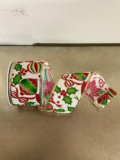 2.5 Inch By 10 Yard Poinsettia And Ornaments Ribbon