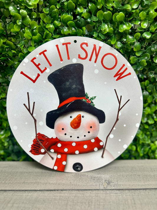 8 Inch Let It Snow With Snowman Metal Sign