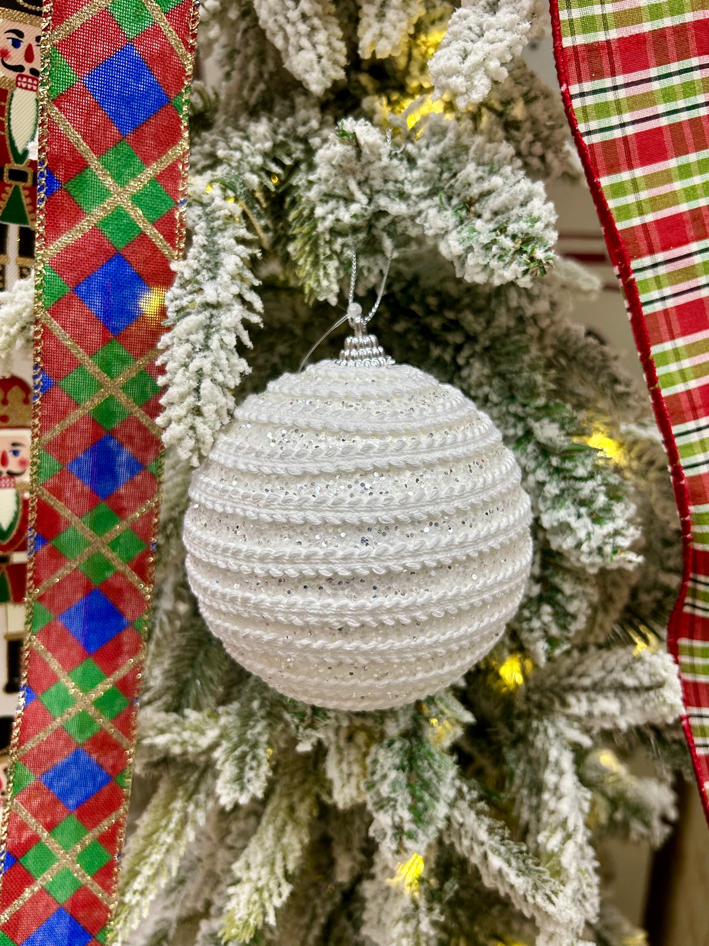 4 Inch White With Silver Glitter Ball Ornament