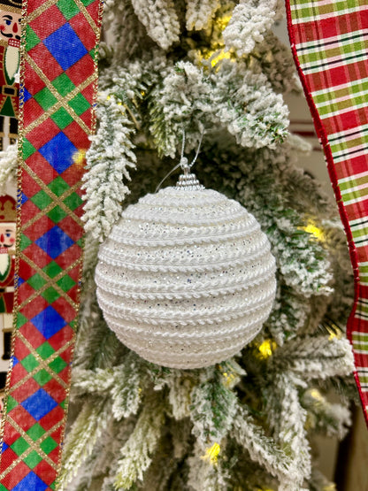 4 Inch White With Silver Glitter Ball Ornament