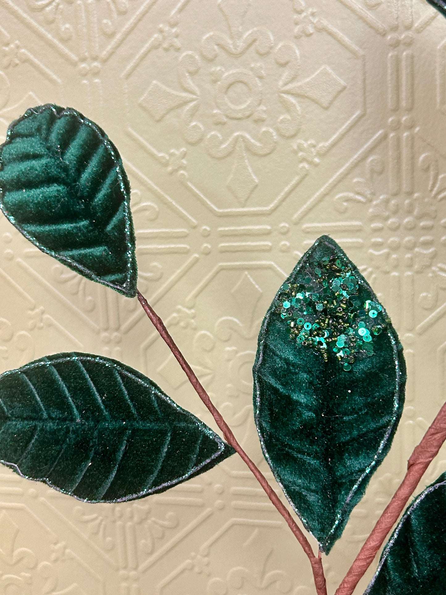 27 Inch Hunter Green Velvet And Glitter Magnolia Leaf Spray