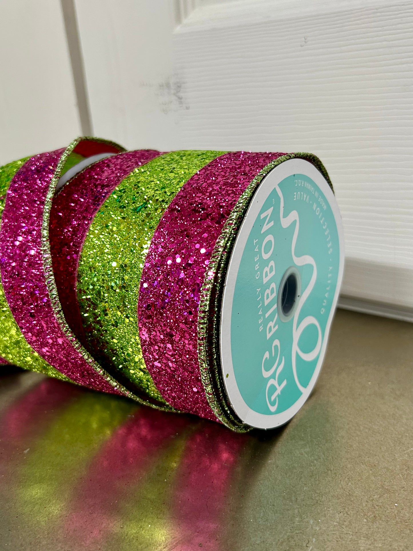4 Inch By 10 Yard Fuchsia And Lime Large Glitter Stripe Ribbon
