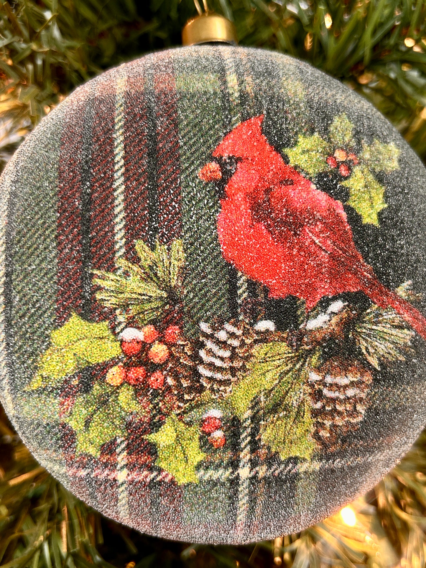 4.5 Inch Plaid Bead Cardinal Ornament