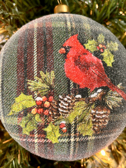 4.5 Inch Plaid Bead Cardinal Ornament