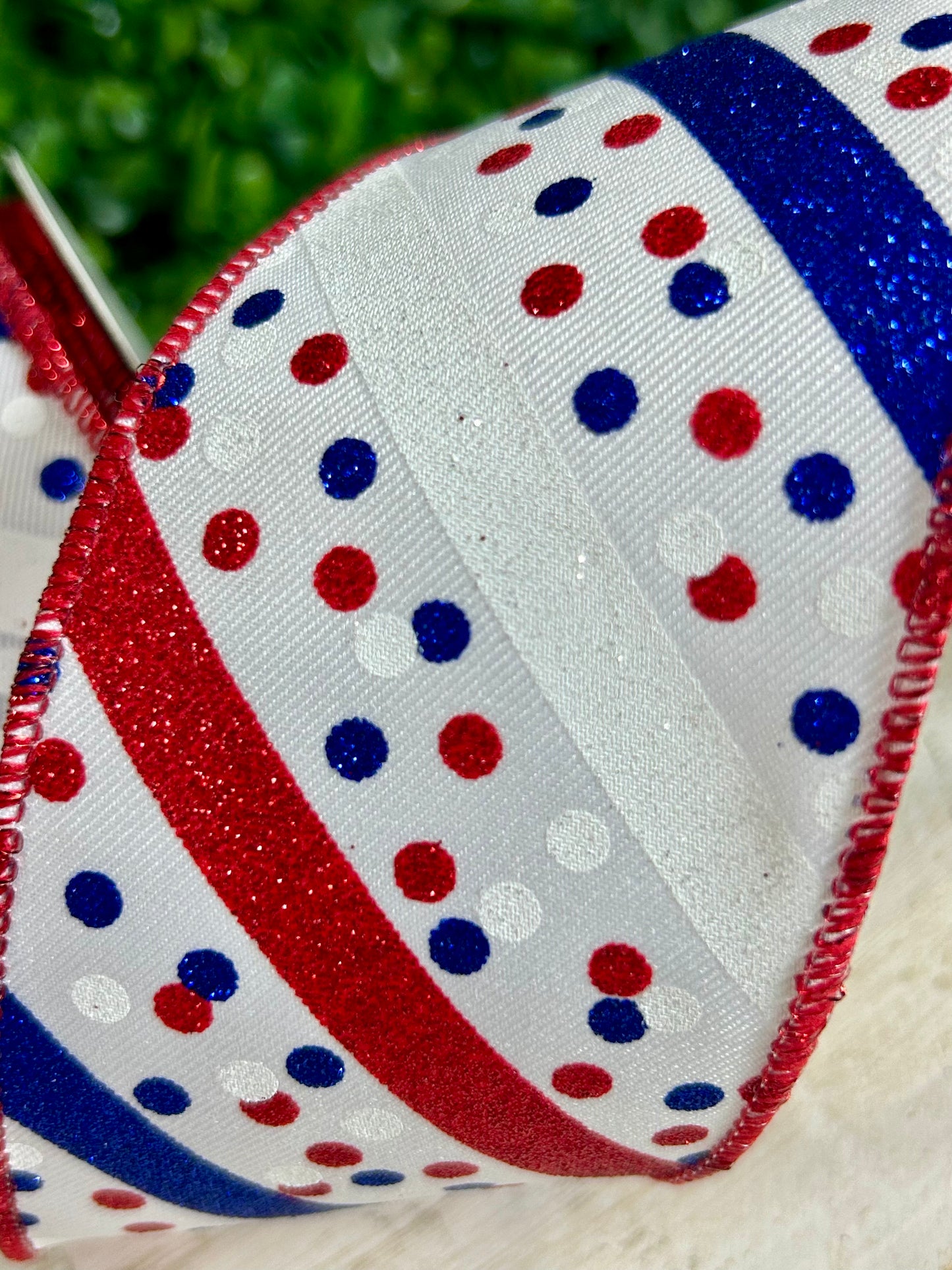 2.5 Inch By 10 Yard Red White And Royal Blue Glitter Stripe With Confetti Dots Ribbon
