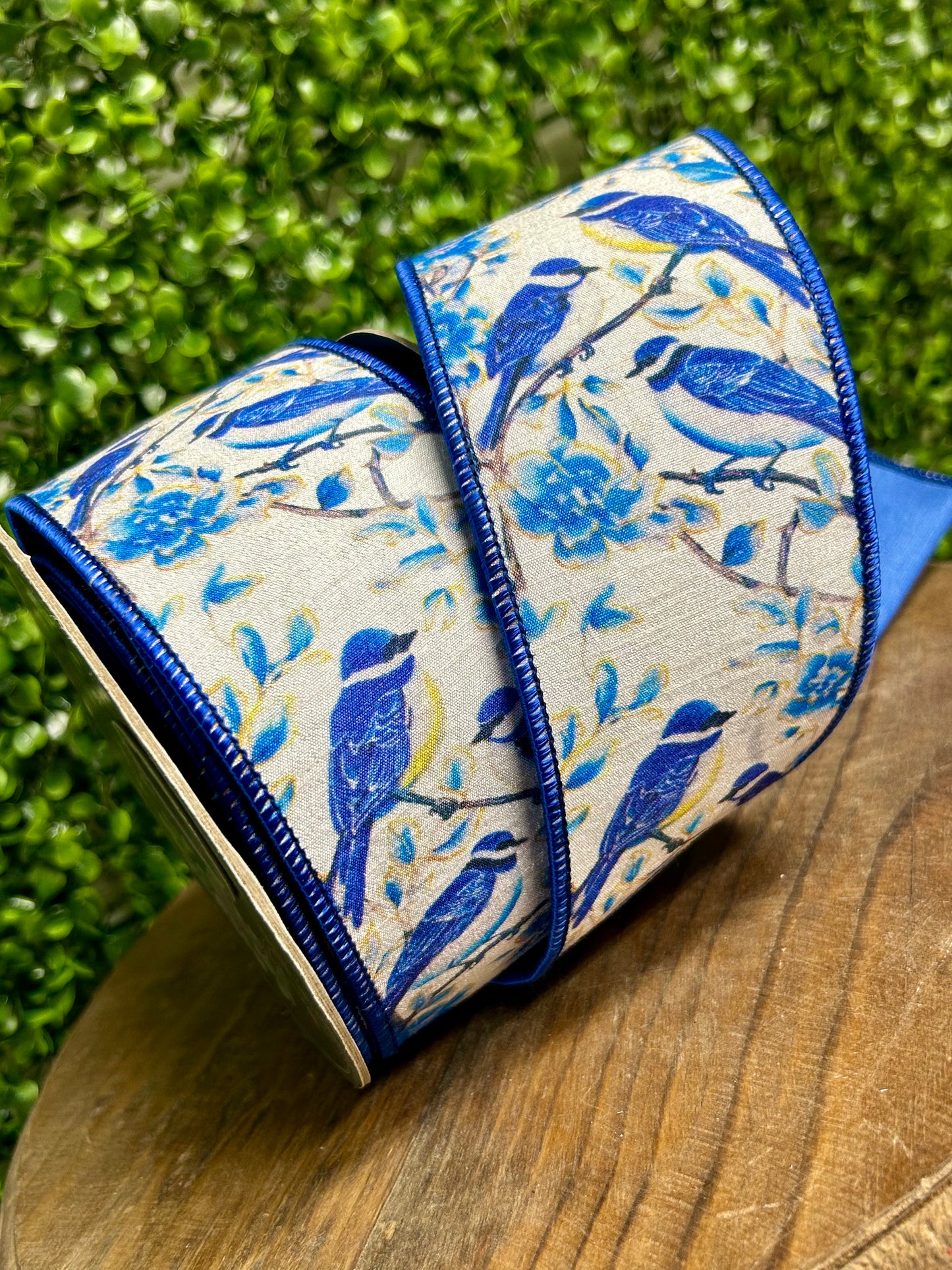 2.5 Inch By 10 Yard Blue Bird Perched Deluxe Dupioni Backed Wired Edge Ribbon