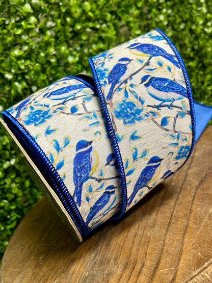 2.5 Inch By 10 Yard Blue Bird Perched Deluxe Dupioni Backed Wired Edge Ribbon