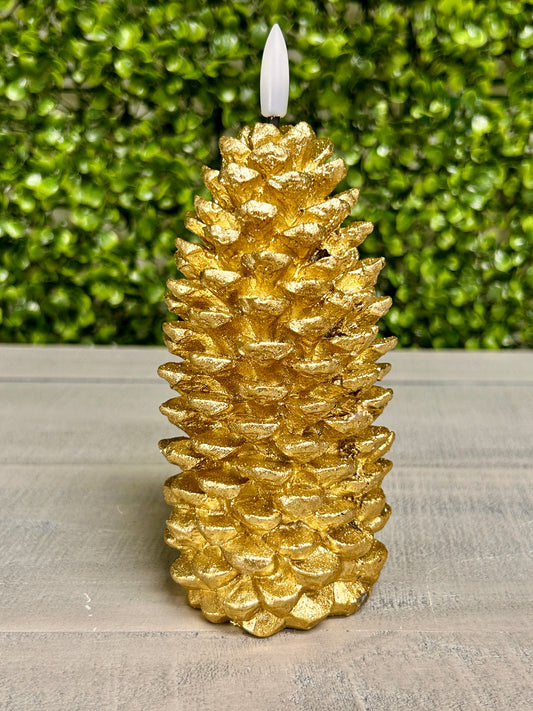 6.75 Inch Gold Wax LED Pinecone Flicker Flame Candle With Timer