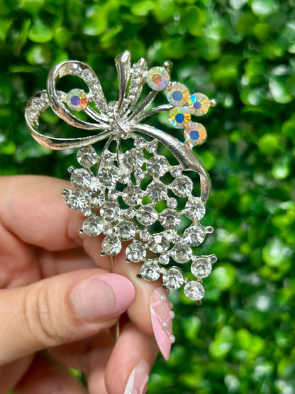 2.75 Inch Silver Rhinestone Floral Pin Three Pack