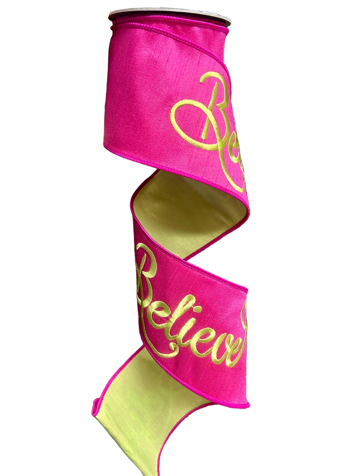 4 Inch By 5 Yard Fuchsia And Lime Green Believe Embroidery Dupioni Ribbon