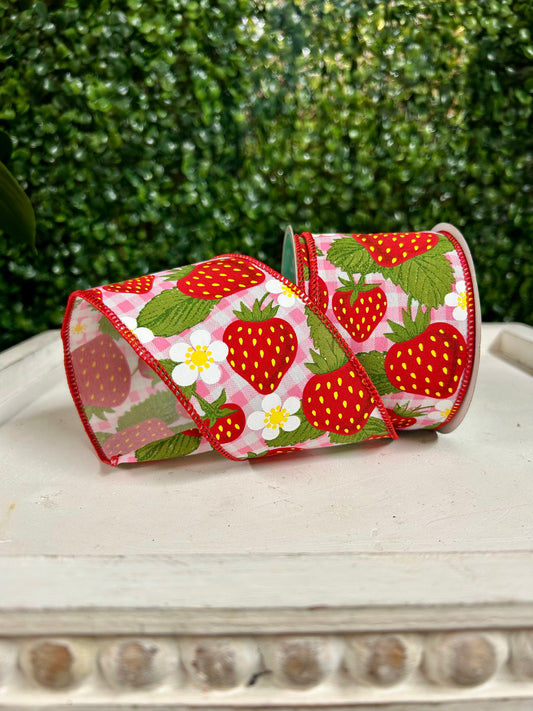 2.5 Inch By 10 Yard Red Pink And White Strawberries One Woven Check Ribbon